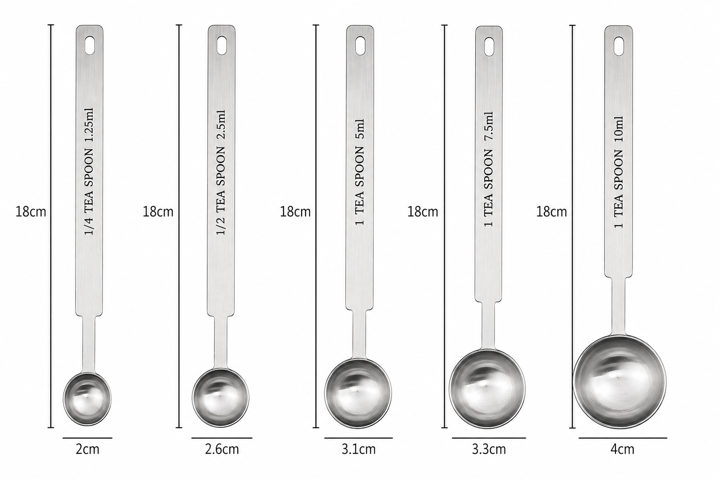 18cm long stainless steel supplment scoops 1.25/2.5/5/7.5/10/15 ml